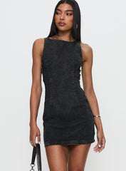 Chatter Buckle Side Denim Mini Dress Charcoal