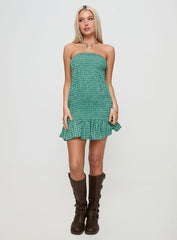 Porschia Strapless Mini Dress Green Check