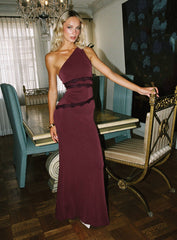 Ultraviolet One Shoulder Lace Maxi Dress Wine