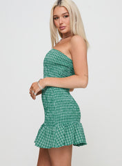 Porschia Strapless Mini Dress Green Check