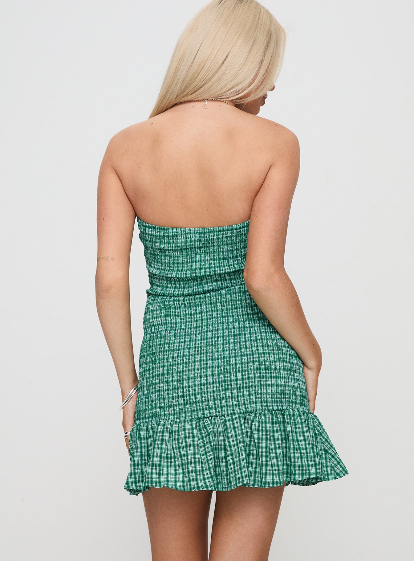 Porschia Strapless Mini Dress Green Check